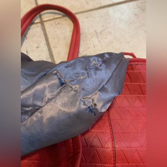 Bright Red PU Leather Geometric Pattern Tote Bag Satchel - Spacious Interior - Picture 14 of 15